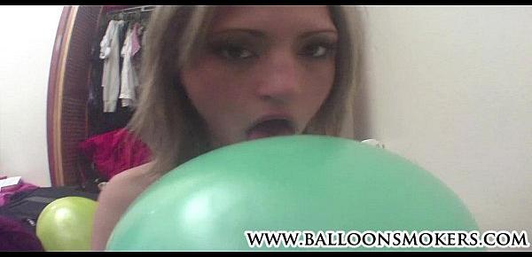  Topless Teen smokes cigarette and pops balloons